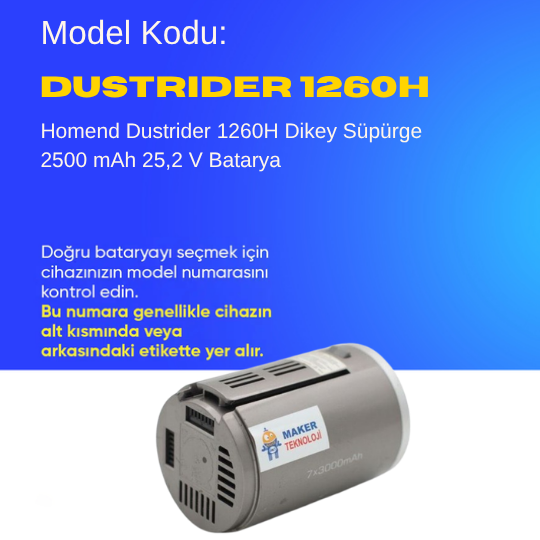 Homend Dustrider 1260H Dikey Süpürge 2500 mAh 25,2 V  Batarya – Orjinal Uyumlu Uzun Ömürlü, Yüksek Performans Pil