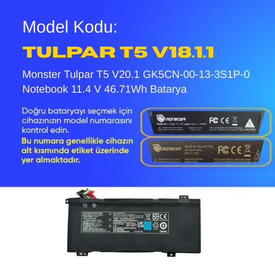 Monster Tulpar T5 V20.1 GK5CN-00-13-3S1P-0 Notebook 11.4 V 46.71Wh Batarya – Orjinal Uyumlu, Yüksek Performanslı