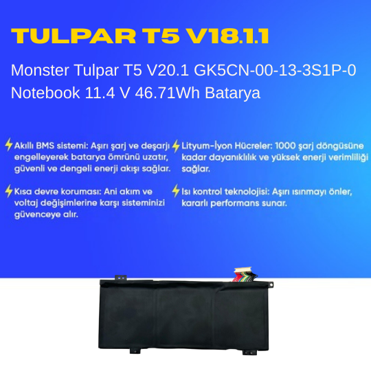 Monster Tulpar T5 V20.1 GK5CN-00-13-3S1P-0 Notebook 11.4 V 46.71Wh Batarya – Orjinal Uyumlu, Yüksek Performanslı