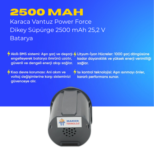 Karaca Vantuz Power Force Dikey Süpürge 2500 mAh 25,2 V  Batarya – Orjinal Uyumlu Uzun Ömürlü, Yüksek Performans Pil