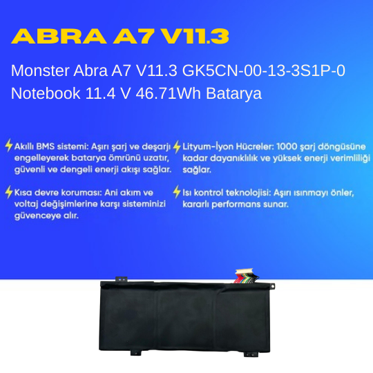 Monster Abra A7 V11.3 GK5CN-00-13-3S1P-0 Notebook 11.4 V 46.71Wh Batarya – Orjinal Uyumlu, Yüksek Performanslı