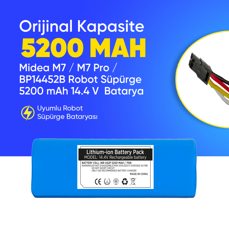 Midea M7 / M7 Pro / BP14452B Robot Süpürge 5200 mAh 14.4 V  Batarya – Orjinal Uyumlu Uzun Ömürlü, Yüksek Performans Pil