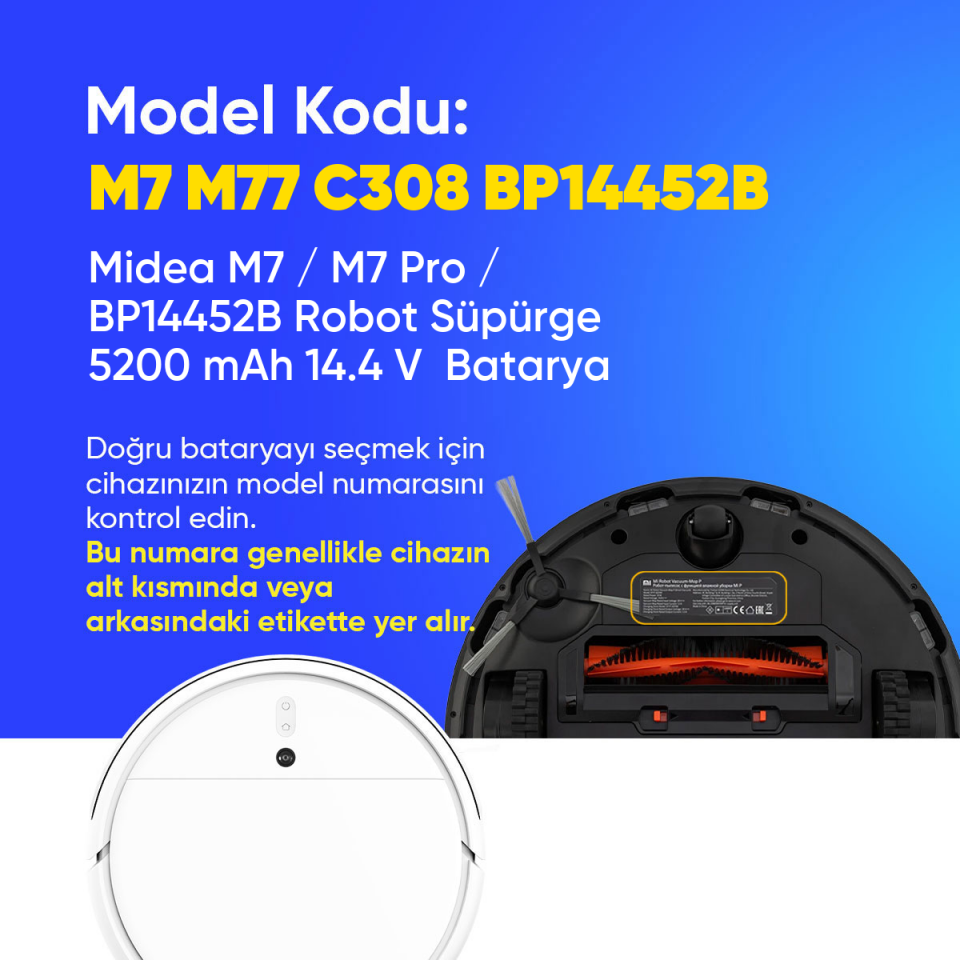 Midea M7 / M7 Pro / BP14452B Robot Süpürge 5200 mAh 14.4 V  Batarya – Orjinal Uyumlu Uzun Ömürlü, Yüksek Performans Pil