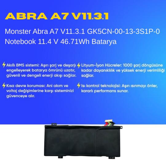 Monster Abra A7 V11.3.1 GK5CN-00-13-3S1P-0 Notebook 11.4 V 46.71Wh Batarya – Orjinal Uyumlu, Yüksek Performanslı