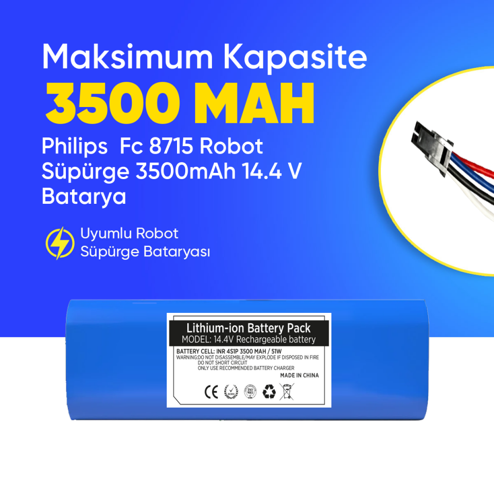 Philips  Fc 8715 Robot Süpürge 3500mAh 14.4 V Batarya – Orjinal Uyumlu Uzun Ömürlü, Yüksek Performans Pil