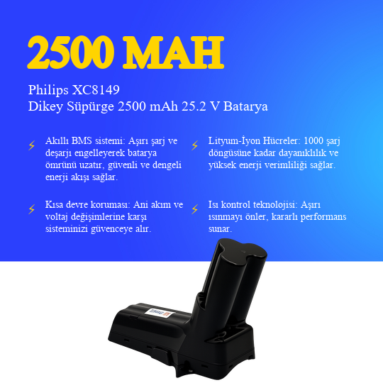 Philips XC8149 Dikey Süpürge 2500 mAh 25.2V Batarya