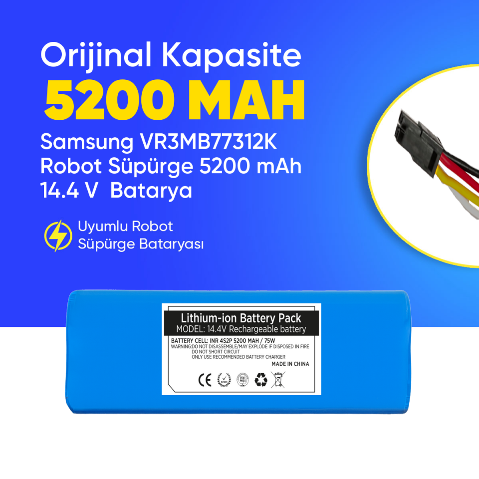 Samsung VR3MB77312K Robot Süpürge 5200 mAh 14.4 V  Batarya – Orjinal Uyumlu Uzun Ömürlü, Yüksek Performans Pil