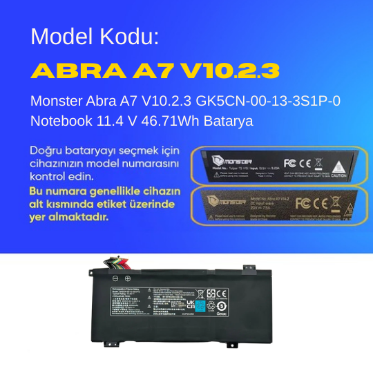 Monster Abra A7 V10.2.3 GK5CN-00-13-3S1P-0 Notebook 11.4 V 46.71Wh Batarya – Orjinal Uyumlu, Yüksek Performanslı