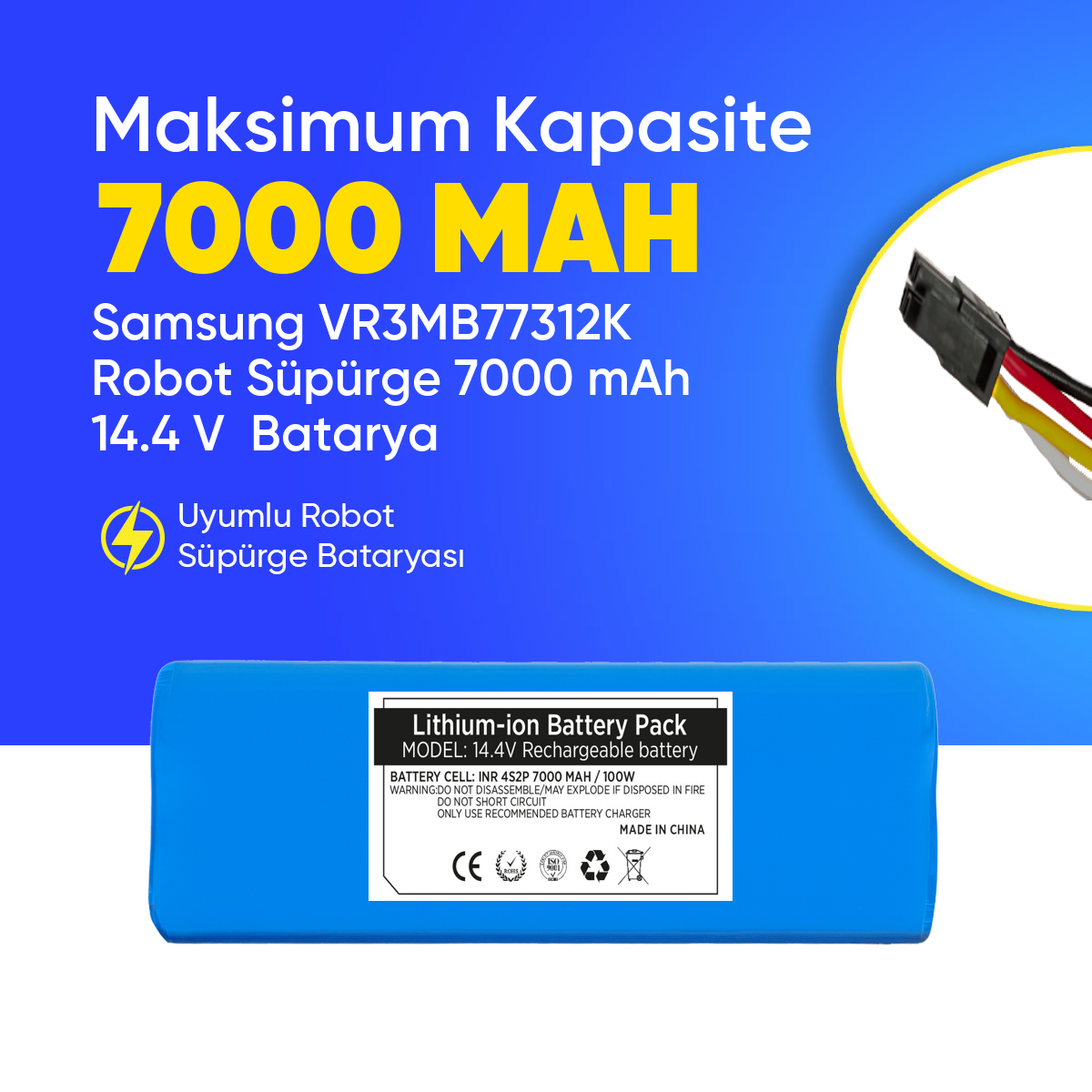 Samsung VR3MB77312K Robot Süpürge 7000 mAh 14.4 V  Batarya – Orjinal Uyumlu Uzun Ömürlü, Yüksek Performans Pil