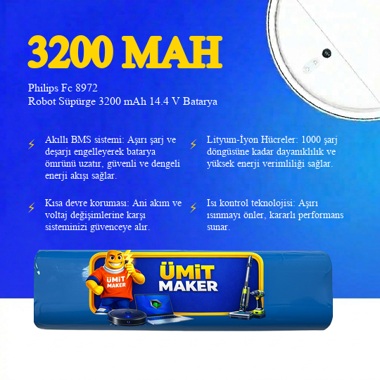 Philips  Fc 8972 Robot Süpürge 3200mAh 14.4 V Batarya – Orjinal Uyumlu Uzun Ömürlü, Yüksek Performans Pil