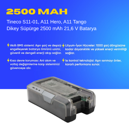 Tineco S11-01, A11 Hero, A11 Tango Dikey Süpürge 2500 mAh 21,6 V  Batarya – Orjinal Uyumlu Uzun Ömürlü, Yüksek Performans Pil