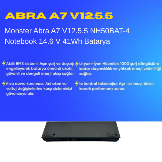 Monster Abra A7 V12.5.5 NH50BAT-4 Notebook 14.6 V 41Wh Batarya – Orjinal Uyumlu, Yüksek Performanslı