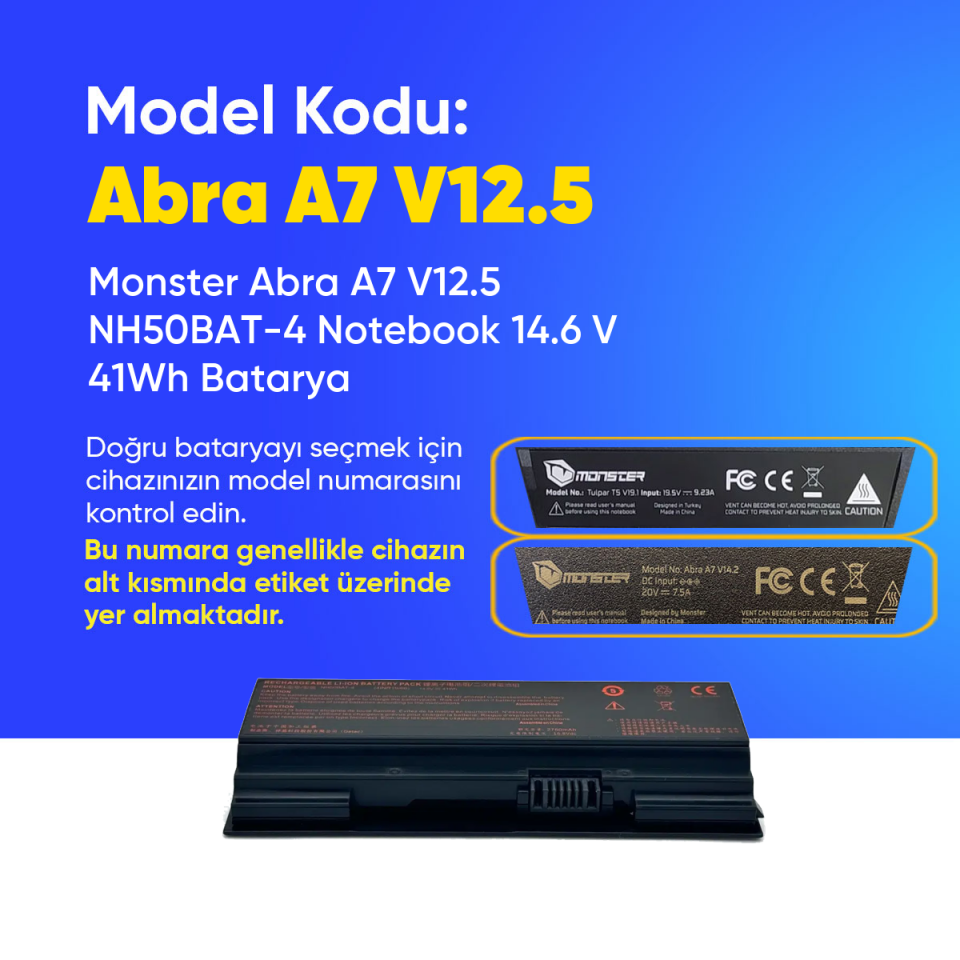 Monster Abra A7 V12.5 NH50BAT-4 Notebook 14.6 V 41Wh Batarya – Orjinal Uyumlu, Yüksek Performanslı