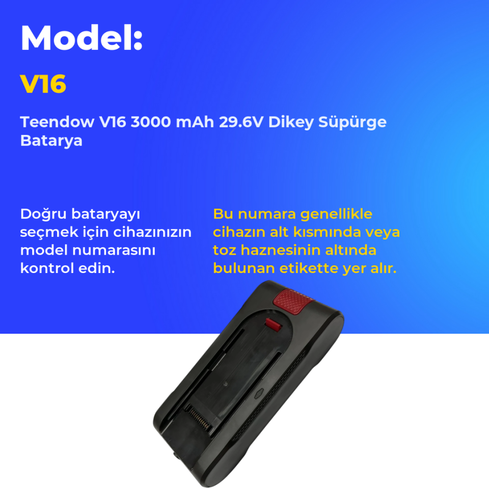 Teendow V16 3000 mAh 29.6V Dikey Süpürge Batarya