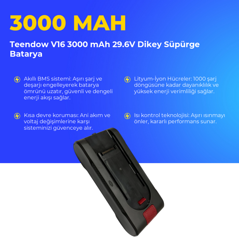 Teendow V16 3000 mAh 29.6V Dikey Süpürge Batarya