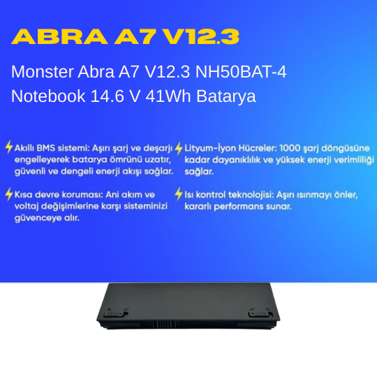 Monster Abra A7 V12.3 NH50BAT-4 Notebook 14.6 V 41Wh Batarya – Orjinal Uyumlu, Yüksek Performanslı