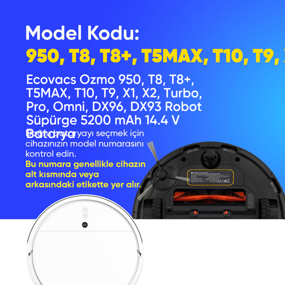 Ecovacs Ozmo 950, T8, T8+, T5MAX, T10, T9, X1, X2, Turbo, Pro, Omni, DX96, DX93 Robot Süpürge 5200 mAh 14.4 V  Batarya – Orjinal Uyumlu Uzun Ömürlü, Yüksek Performans Pil