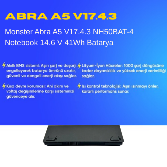 Monster Abra A5 V17.4.3 NH50BAT-4 Notebook 14.6 V 41Wh Batarya – Orjinal Uyumlu, Yüksek Performanslı