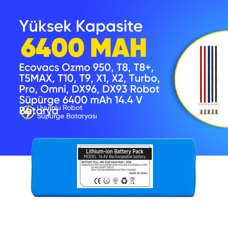 Ecovacs Ozmo 950, T8, T8+, T5MAX, T10, T9, X1, X2, Turbo, Pro, Omni, DX96, DX93 Robot Süpürge 6400 mAh 14.4 V  Batarya – Orjinal Uyumlu Uzun Ömürlü, Yüksek Performans Pil
