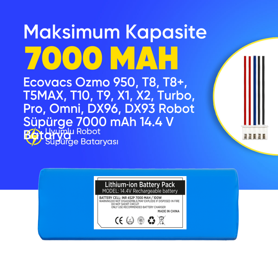 Ecovacs Ozmo 950, T8, T8+, T5MAX, T10, T9, X1, X2, Turbo, Pro, Omni, DX96, DX93 Robot Süpürge 7000 mAh 14.4 V  Batarya – Orjinal Uyumlu Uzun Ömürlü, Yüksek Performans Pil