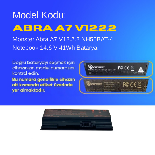 Monster Abra A7 V12.2.2 NH50BAT-4 Notebook 14.6 V 41Wh Batarya – Orjinal Uyumlu, Yüksek Performanslı