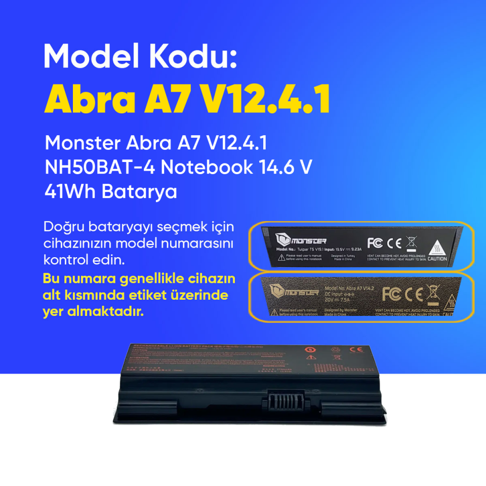 Monster Abra A7 V12.4.1 NH50BAT-4 Notebook 14.6 V 41Wh Batarya – Orjinal Uyumlu, Yüksek Performanslı