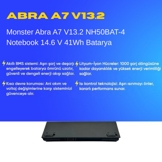 Monster Abra A7 V13.2 NH50BAT-4 Notebook 14.6 V 41Wh Batarya – Orjinal Uyumlu, Yüksek Performanslı