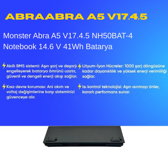 Monster Abra A5 V17.4.5 NH50BAT-4 Notebook 14.6 V 41Wh Batarya – Orjinal Uyumlu, Yüksek Performanslı