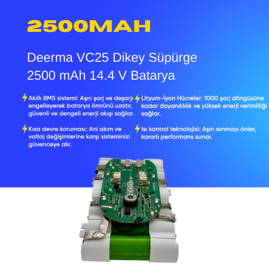 Deerma VC25  Dikey Süpürge 2500 mAh 14.4 V  Batarya – Orjinal Uyumlu Uzun Ömürlü, Yüksek Performans Pil