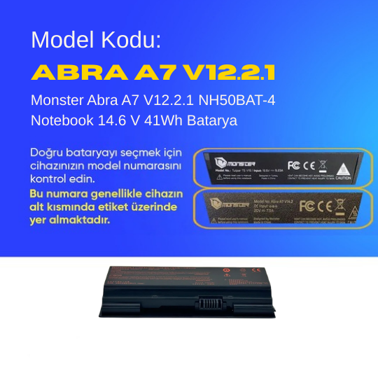 Monster Abra A7 V12.2.1 NH50BAT-4 Notebook 14.6 V 41Wh Batarya – Orjinal Uyumlu, Yüksek Performanslı