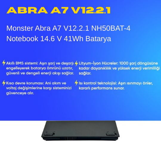 Monster Abra A7 V12.2.1 NH50BAT-4 Notebook 14.6 V 41Wh Batarya – Orjinal Uyumlu, Yüksek Performanslı