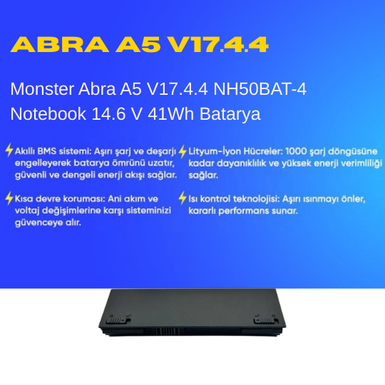 Monster Abra A5 V17.4.4 NH50BAT-4 Notebook 14.6 V 41Wh Batarya – Orjinal Uyumlu, Yüksek Performanslı