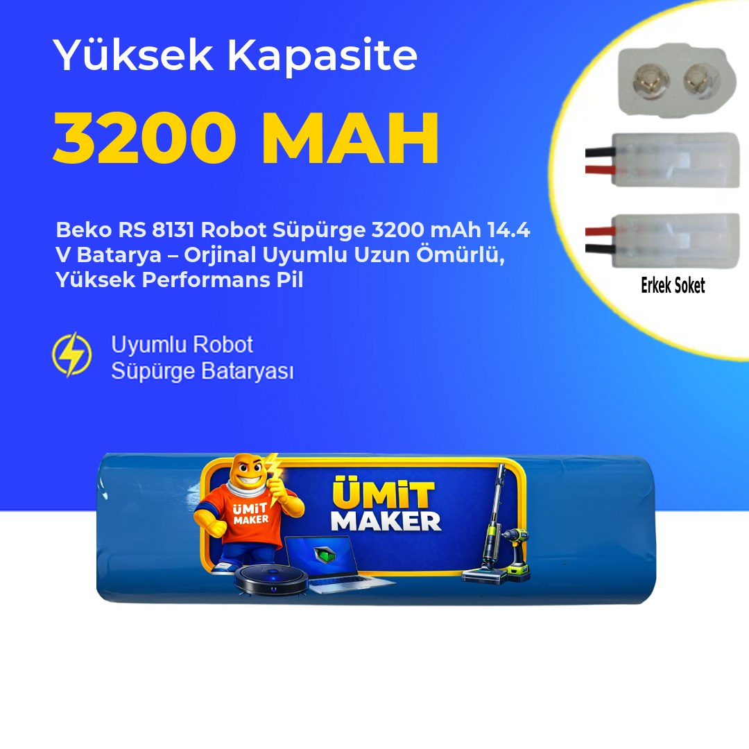 Beko Rs 8131 Robot Süpürge 3200 mAh  14,4 V Batarya – Orjinal Uyumlu Uzun Ömürlü, Yüksek Performans Pil
