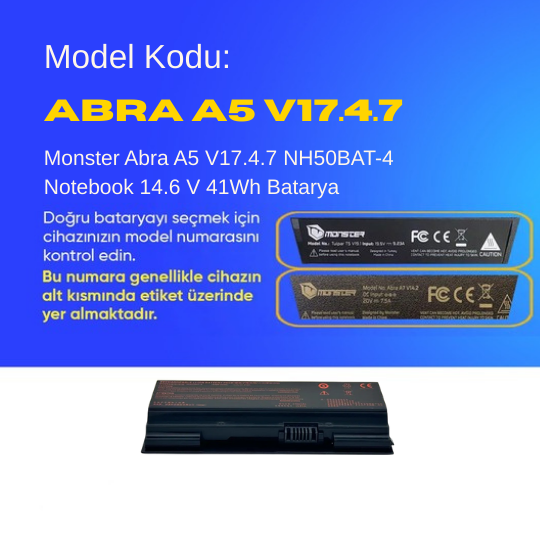 Monster Abra A5 V17.4.7 NH50BAT-4 Notebook 14.6 V 41Wh Batarya – Orjinal Uyumlu, Yüksek Performanslı