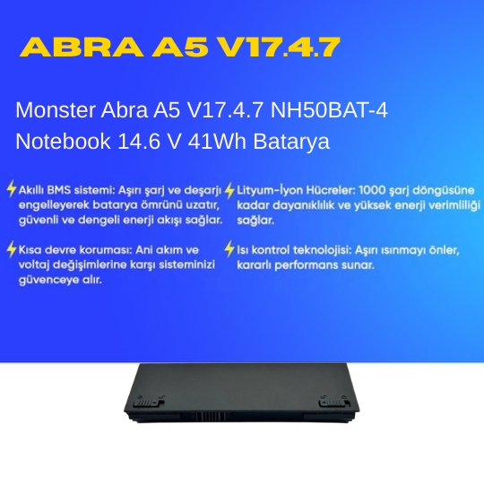 Monster Abra A5 V17.4.7 NH50BAT-4 Notebook 14.6 V 41Wh Batarya – Orjinal Uyumlu, Yüksek Performanslı