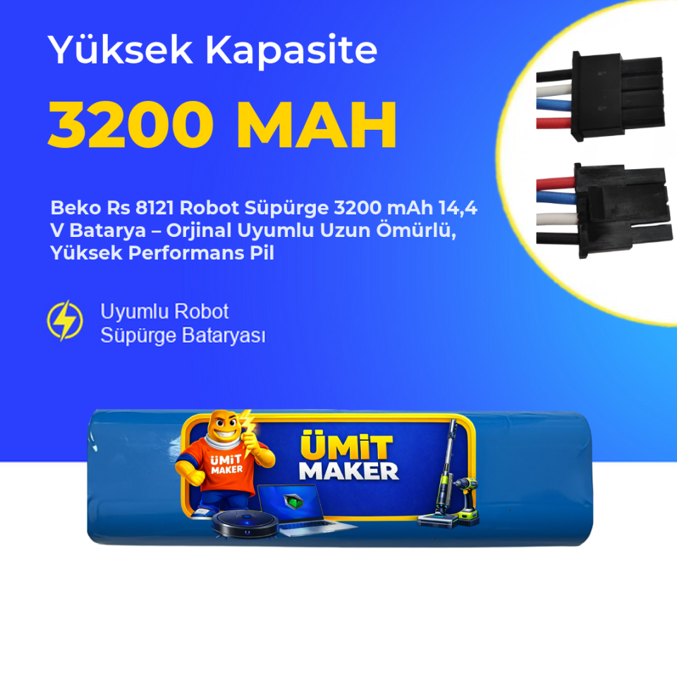 Beko Rs 8121 Robot Süpürge 3200 mAh  14,4 V Batarya – Orjinal Uyumlu Uzun Ömürlü, Yüksek Performans Pil