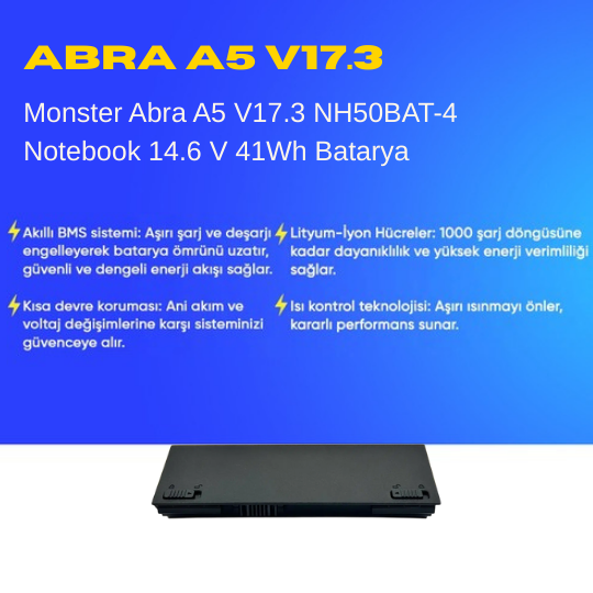 Monster Abra A5 V17.3 NH50BAT-4 Notebook 14.6 V 41Wh Batarya – Orjinal Uyumlu, Yüksek Performanslı