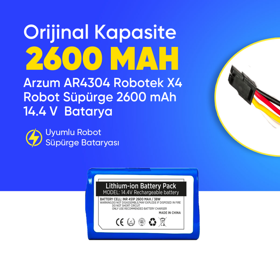 Arzum AR4304 Robotek X4  Robot Süpürge 2600 mAh 14.4 V  Batarya – Orjinal Uyumlu Uzun Ömürlü, Yüksek Performans Pil