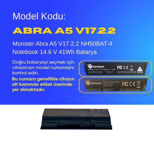 Monster Abra A5 V17.2.2 NH50BAT-4 Notebook 14.6 V 41Wh Batarya – Orjinal Uyumlu, Yüksek Performanslı