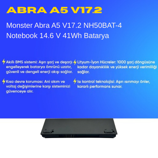 Monster Abra A5 V17.2 NH50BAT-4 Notebook 14.6 V 41Wh Batarya – Orjinal Uyumlu, Yüksek Performanslı