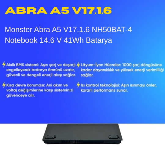 Monster Abra A5 V17.1.6 NH50BAT-4 Notebook 14.6 V 41Wh Batarya – Orjinal Uyumlu, Yüksek Performanslı
