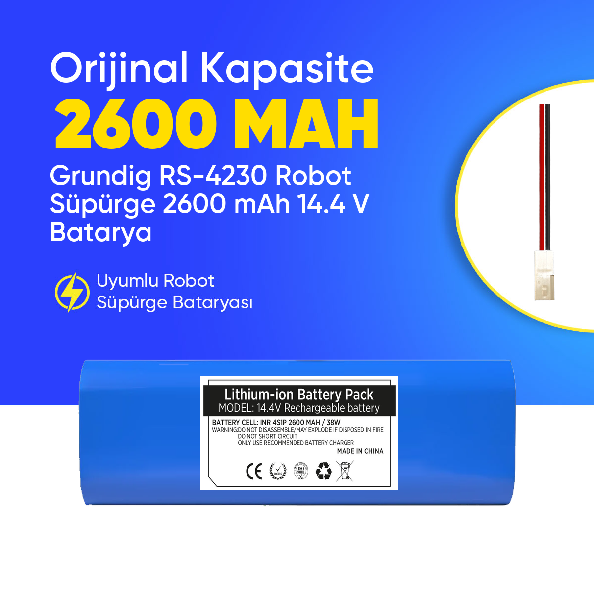 Grundig RS-4230 Robot Süpürge 2600 mAh 14.4 V  Batarya – Orjinal Uyumlu Uzun Ömürlü, Yüksek Performans Pil