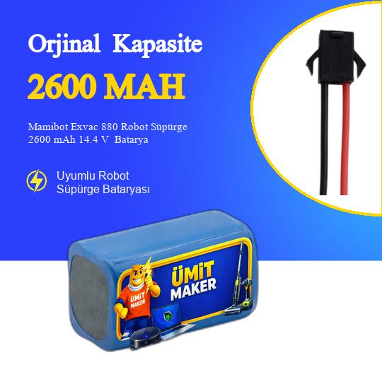 Mamibot Exvac 880 Robot Süpürge 2600 mAh 14.4 V  Batarya – Orjinal Uyumlu Uzun Ömürlü, Yüksek Performans Pil