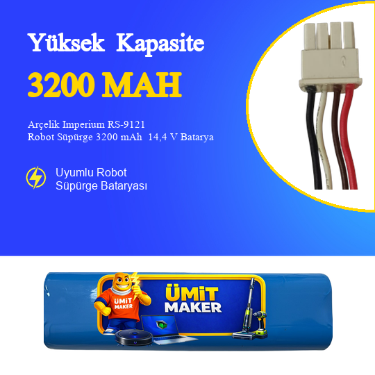 Arçelik Imperium RS-9121 Robot Süpürge 3200 mAh  14,4 V Batarya – Orjinal Uyumlu Uzun Ömürlü, Yüksek Performans Pil