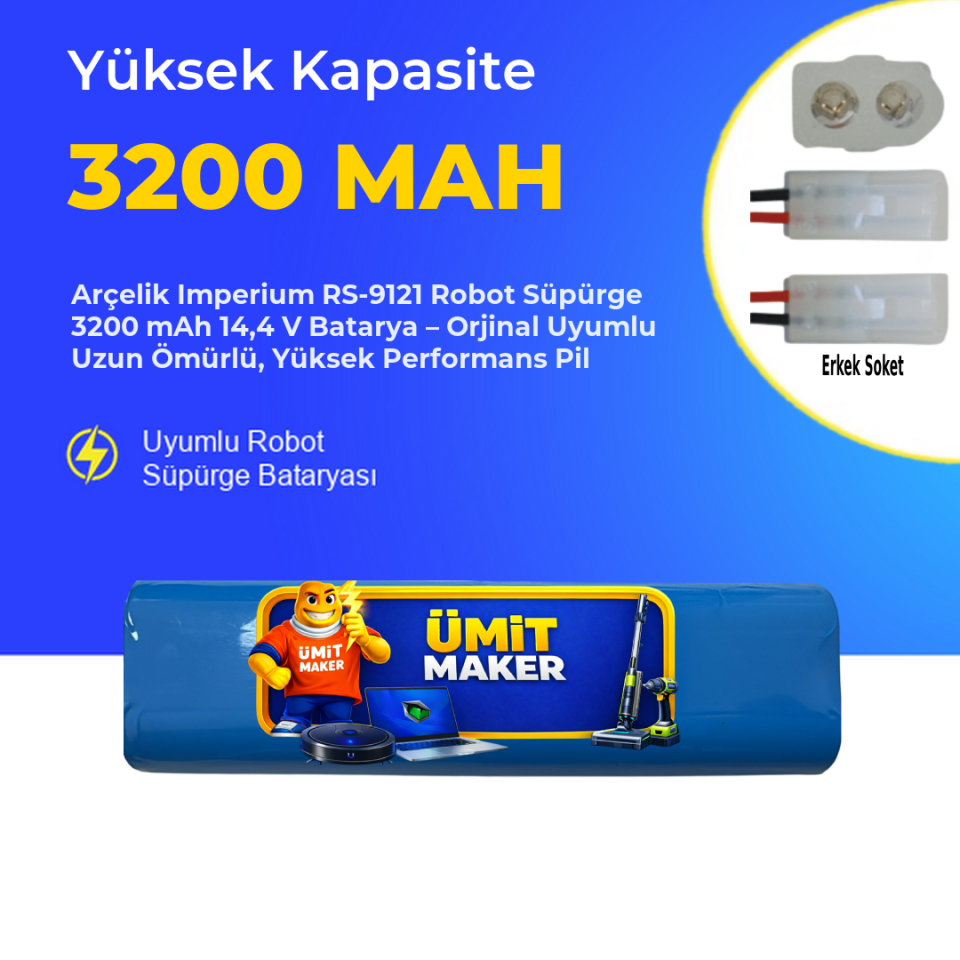 Arçelik Imperium RS-9121 Robot Süpürge 3200 mAh  14,4 V Batarya – Orjinal Uyumlu Uzun Ömürlü, Yüksek Performans Pil