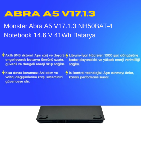 Monster Abra A5 V17.1.3 NH50BAT-4 Notebook 14.6 V 41Wh Batarya – Orjinal Uyumlu, Yüksek Performanslı