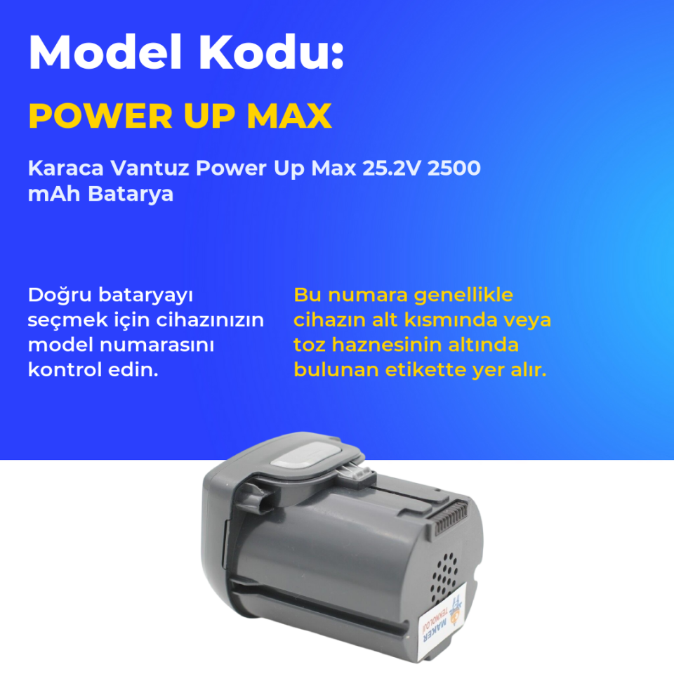Karaca Vantuz Power Up Max Dikey Süpürge 2500 mAh 25.2 V  Batarya – Orjinal Uyumlu Uzun Ömürlü, Yüksek Performans Pil