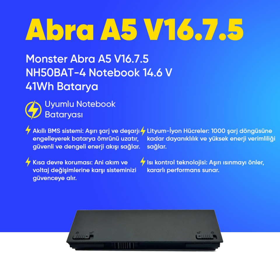 Monster Abra A5 V16.7.5 NH50BAT-4 Notebook 14.6 V 41Wh Batarya – Orjinal Uyumlu, Yüksek Performanslı