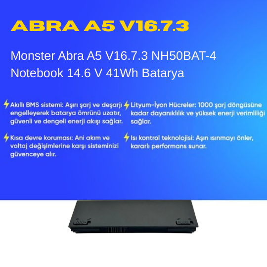 Monster Abra A5 V16.7.3 NH50BAT-4 Notebook 14.6 V 41Wh Batarya – Orjinal Uyumlu, Yüksek Performanslı