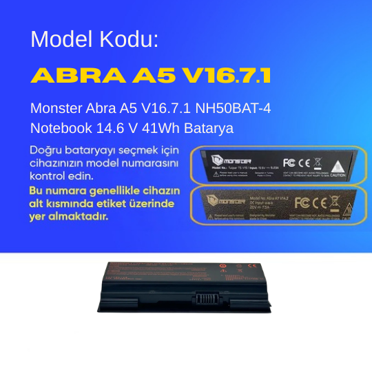 Monster Abra A5 V16.7.1 NH50BAT-4 Notebook 14.6 V 41Wh Batarya – Orjinal Uyumlu, Yüksek Performanslı